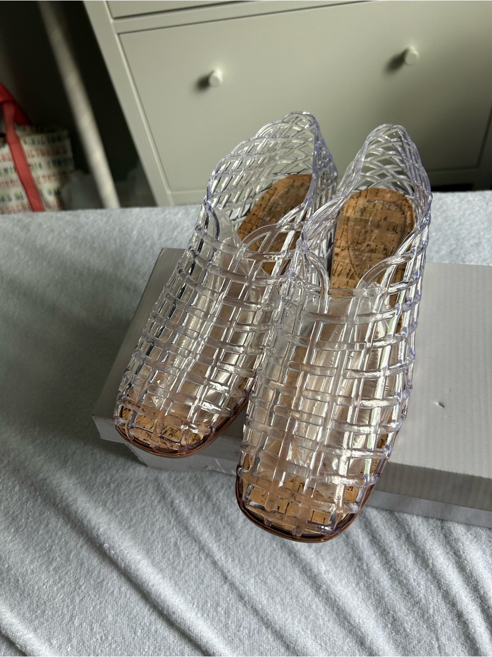 Clear Woven Peep-Toe Flats with Cork Insole